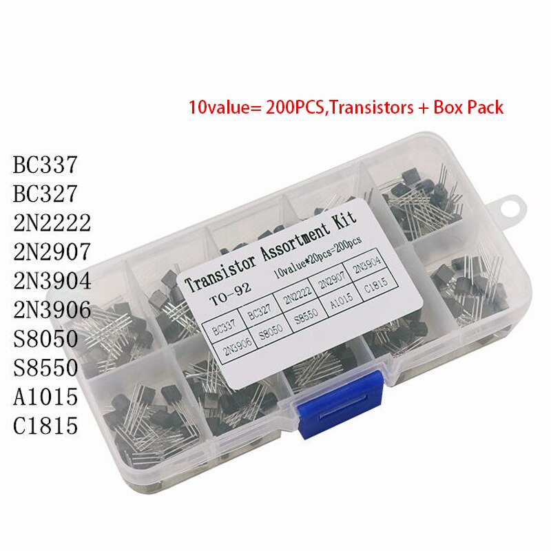 트랜지스터 구색 키트 10 값 = 200 개, 트랜지스터 + 박스 팩, bc336 BC327 2N2222 2N2907 2N3904 2N3906 S8050 S8550 A1015 C1815